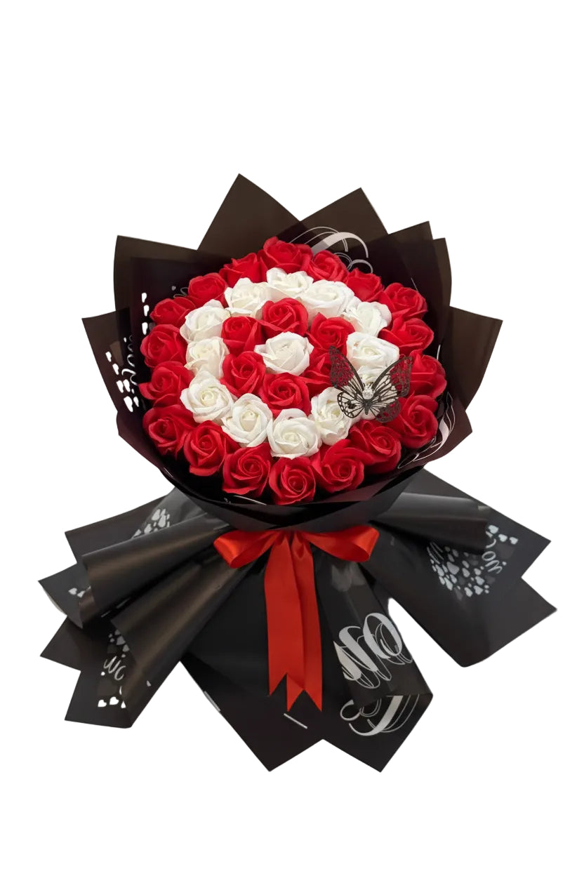 Buchet spectaculos format din 37 de trandafiri roșii și albi, aranjați circular, cu ambalaj elegant și fundă de satin
