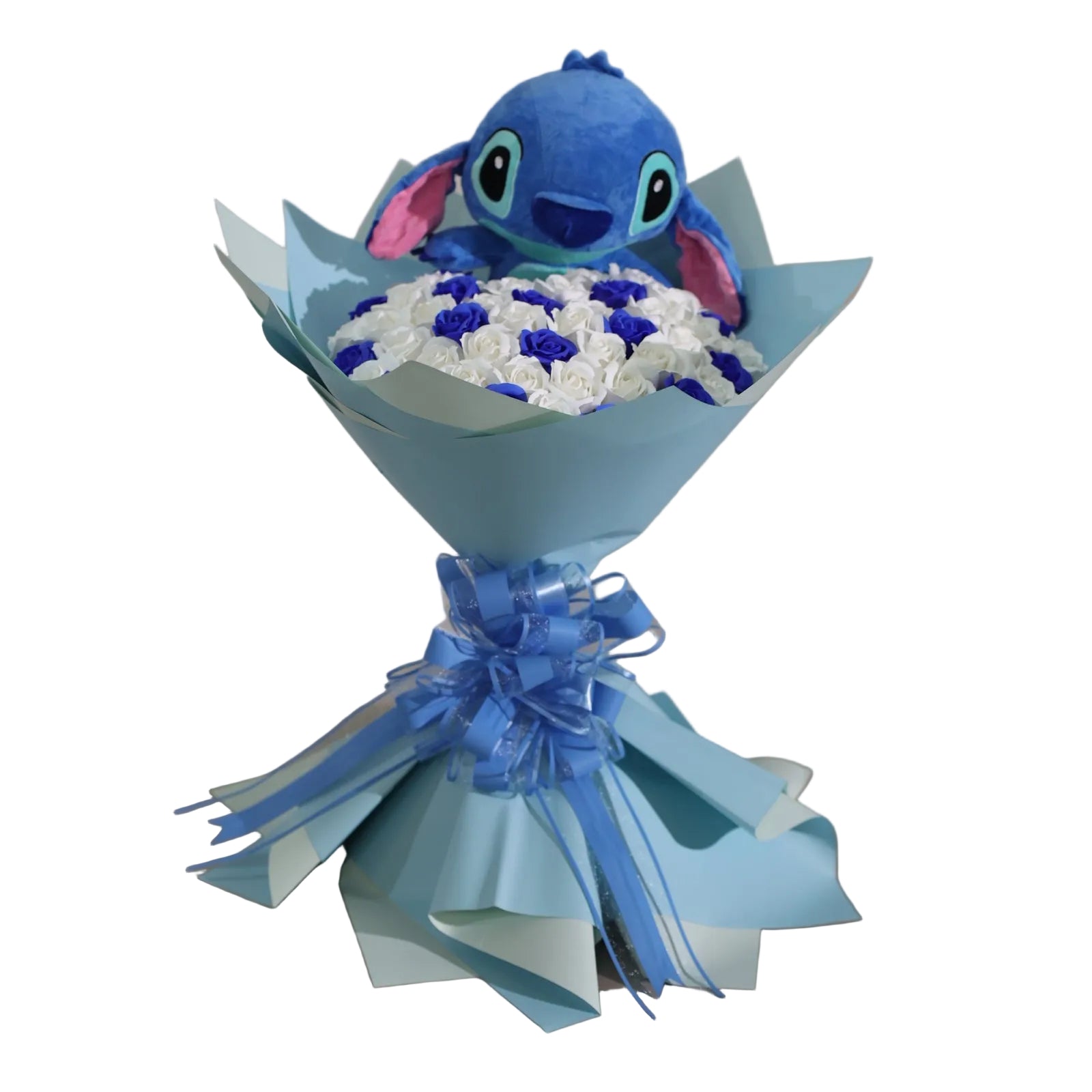 buchet-51-trandafiri-sapun-albastru-si-alb-stil-stitch