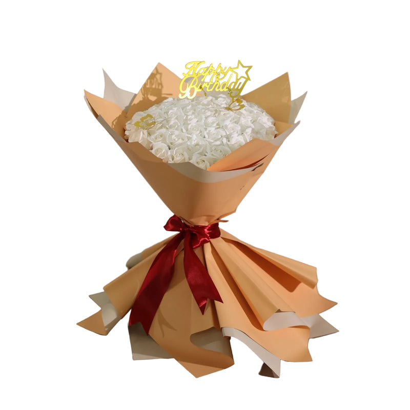 Buchet 51 Trandafiri de Săpun Albi – Accesorizat