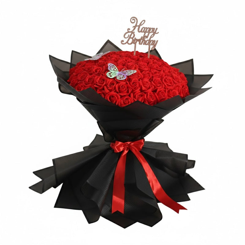 Buchet de Lux cu 51 Trandafiri de Săpun Roșii Accesorizat