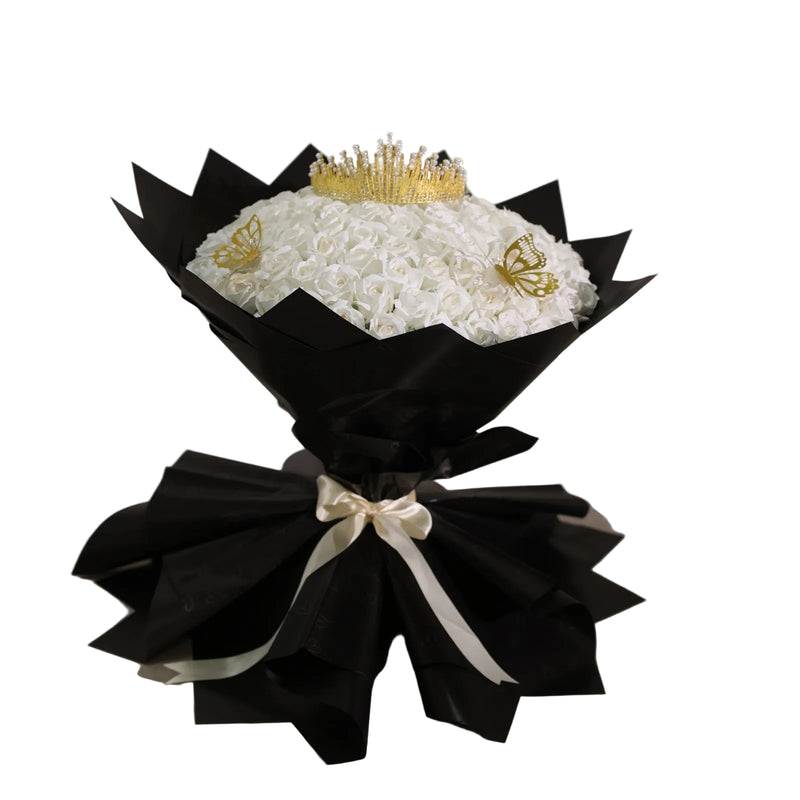 Buchet Gigant 101 Trandafiri de Săpun Albi – Accesorizat